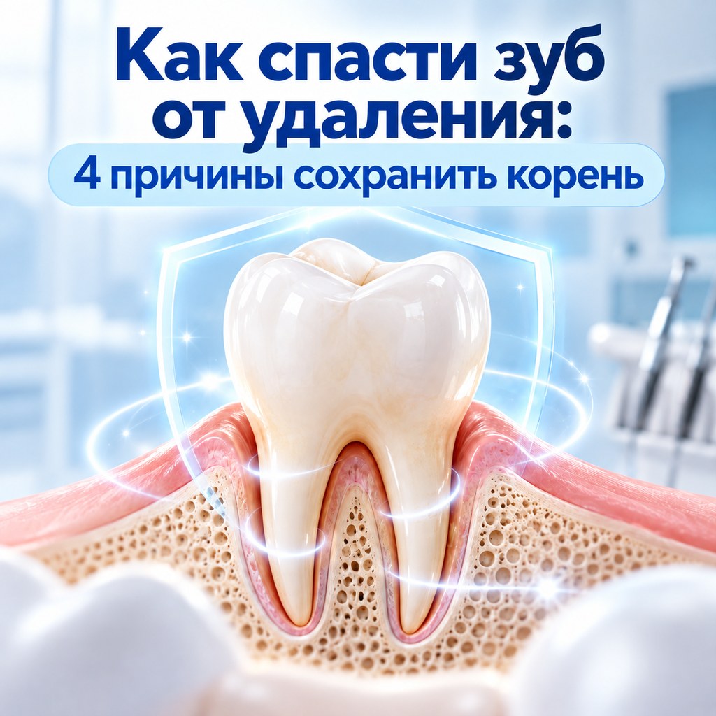 Здоровый зуб с корнями в кости под защитным экраном и надпись «Как спасти зуб от удаления: 4 причины сохранить корень»